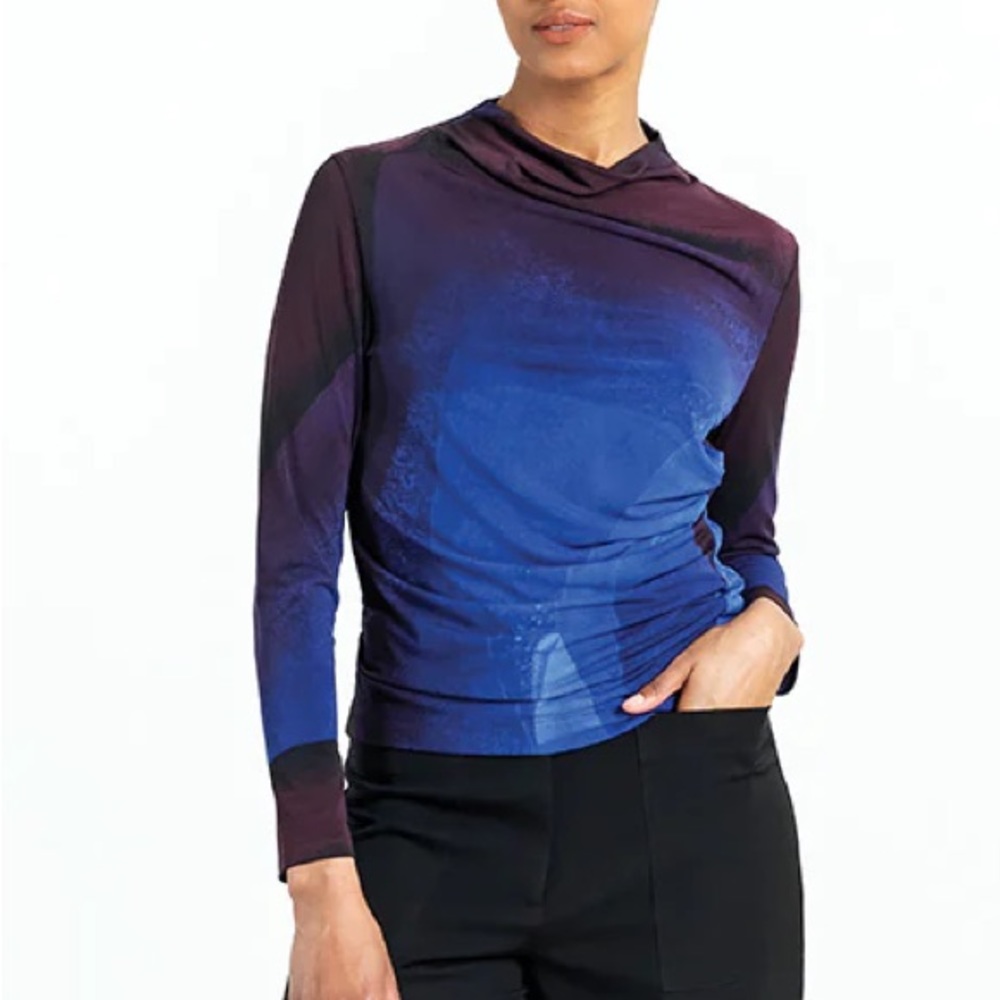 Clara Sun Woo Draped Neck Side Ruched Top - Purple Watercolor size XS